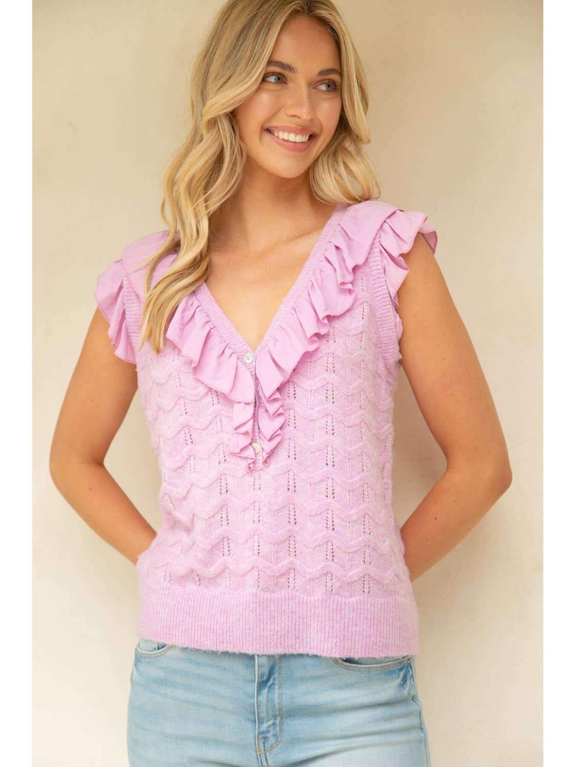 Pink Sleeveless Ruffled Knitted Top