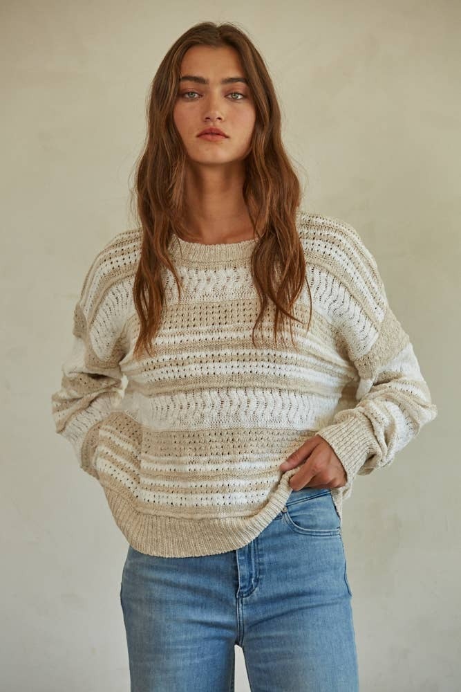 Knit Sweater Stripe Round Neck Long Sleeve Pullover Sweater